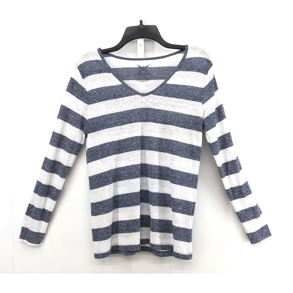 Faded Glory Shirt Womens Size M Gray White Striped Long Sleeve Linen Blend Top